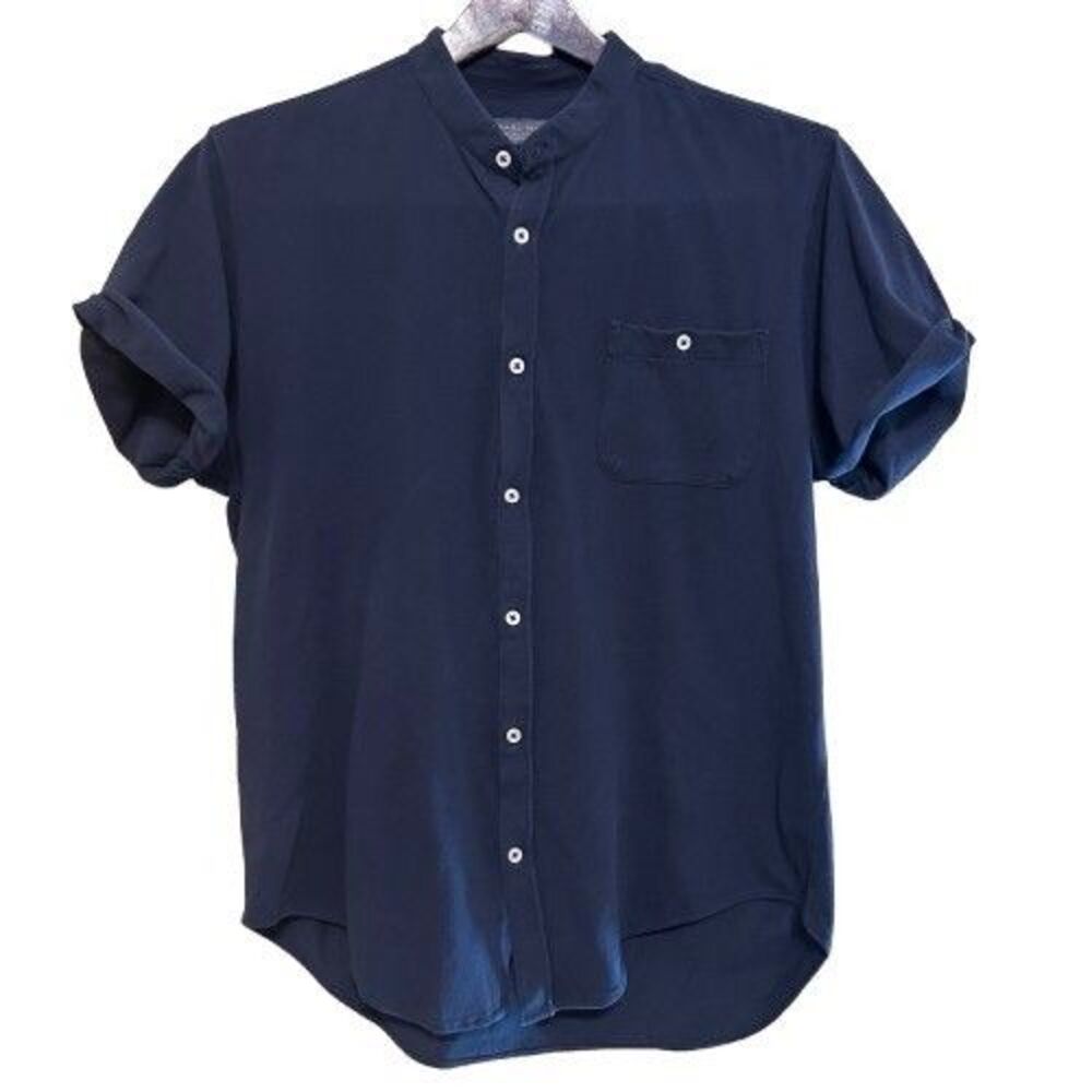 Zara Man Mandarin Collar Short Sleeve Button Up Shirt Mens Large Slim Fit Navy